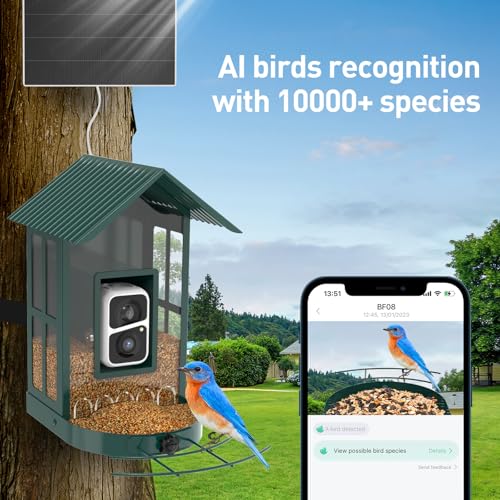 Soliom- Bird Feeder with Camera, 5W Solar Powered, AI Identify Species, Smart Wild Bird Watching, 2K Live View, Instant Arrival Alerts,Large 2.7L Seed Capacity, Metal Squirrel Chew-Proof - BF08 Green - color: Green Large