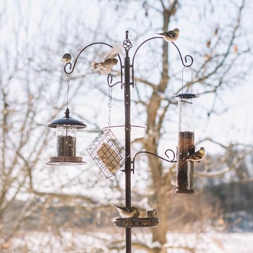 Backyard Expressions 90" Bird Feeding Station for Outdoors, Heavy Duty Bird Feeder Pole with Squirrel Baffle, Shepherd Hooks, Suet Cage, Water Bowl & Tray, Multi Hook Bird Feeder Stand for Yard Garden