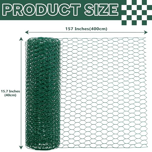 15.7” x 157” Chicken Wire for Floral Arrangements, 0.6” Hexagonal PVC Coated Galvanized Chicken Wire Mesh, Green Lightweight Fencing Wire for Garden