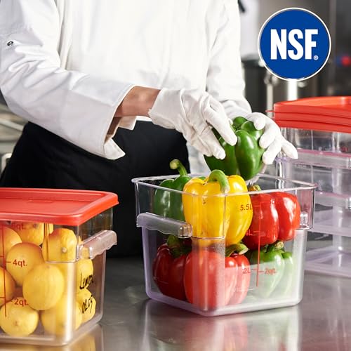 4 Pack Food Storage Container with Red Lid - NSF Commercial Grade in 6.0 Qt - Square, Clear, Polycarbonate - color: 6.0 Qt 4-Pack(Red Lids)