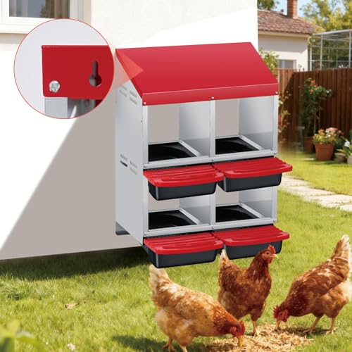 Chicken Nesting Boxes, Heavy-Duty 8-Compartment Metal Chicken Nesting Box – Removable Tray, Ventilation Holes, Easy Egg Collection, Rustproof Galvanized Steel - Red - 4 - Slot - color: Red, size: 4 - Slot - Upgraded Version