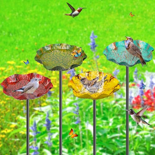 4PCS Hummingbird Bird Bath for Outside, Freestanding Metal Flower BirdBaths Bowl with Stake, Detachable Birdfeeder for Outdoor Yard Lawn Garden Decor (4PCS-Red-Yellow-Blue-Green) - style: 4PCS-Red-Yellow-Blue-Green