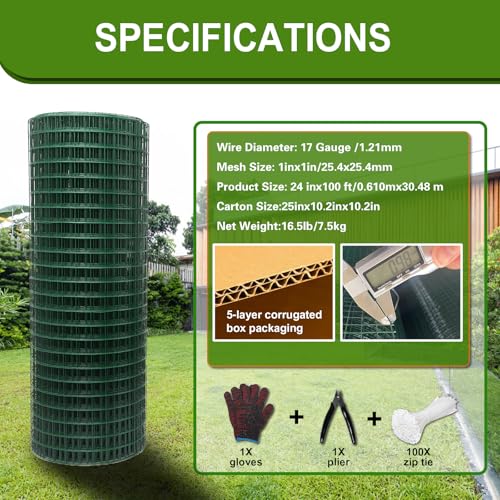 Hardware Cloth 1 inch 24in x 100ft Chicken Wire, Green Garden Fence, 17 Gauge, Vinyl PVC Coated Metal Welded Wire Mesh for Preventing Snakes, Raccoons, Foxes, Poultry Netting - size: 1inx24inx100ft