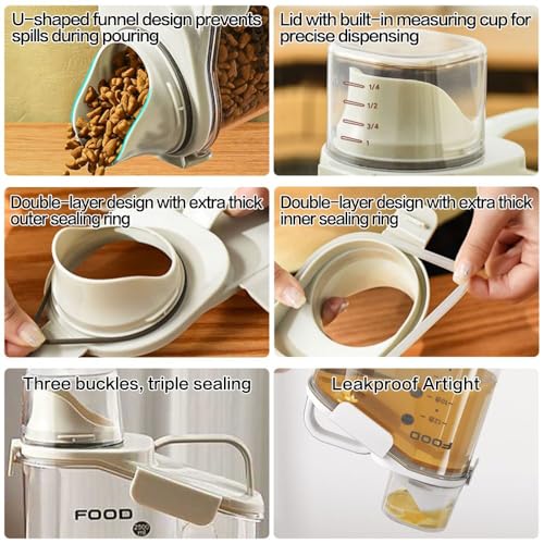 Pet Food Storage Container, 6 lb Airtight Cat Food Bin, Cute Cartoon Design | Wide pour spout, measuring cup cap, silicone seal, snap locks, carry handle, clear body, food-safe storage for 6 lb dry food