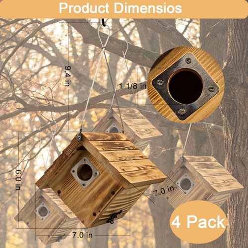 Wren Bird Houses for Outside, 4 Pack Wren House with Metal Predator Guard | Fully Assembled Wooden Hanging Birdhouse for Outdoors, Birds Nesting Box for Small Bird, Natural Wood