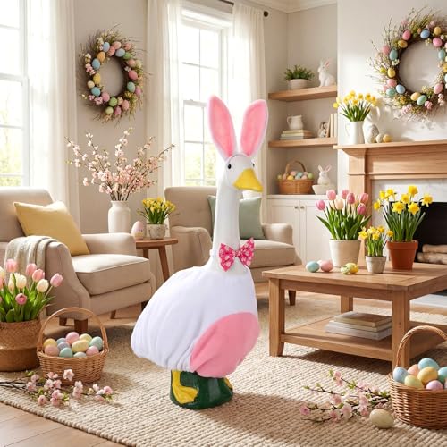 Abbylike 1 Set Easter Bunny Porch Goose Outfits Easter Yard Goose Clothes Costume with Bunny Ears Headband Fits Large 23'' Cement for Spring Outdoor Garden Yard Patio Statue Pathway Art Decorations - style: Pink