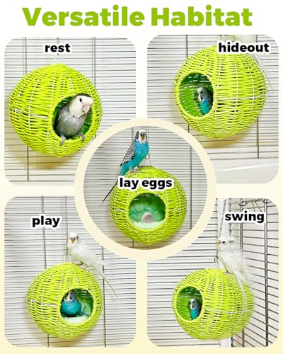 Chewproof Steel Frame Bird Nest for Cage, Washable Small Bed Hammock | Bird Hideout Lay Eggs Parakeet Nest Sleep Rest, Parakeet Warm Bed House Hut for Lovebird, Canary, Budgie, with Cushion - color: S-Long Chain-green for Small Birds