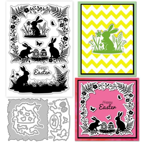GLOBLELAND Easter Silhouettes Clear Stamps and Metal Die Cuts Bunnies Plants Transparent Stamp Spring Plant Border Cutting Dies for Card Making Embossing Scrapbooking - style: Easter Silhouette