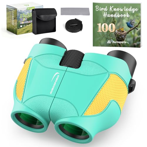Aurosports 15x25 Compact Binoculars for Kids with Bird Guide Book, Green | Lightweight Easy Focus with Carrying Case & Strap; Durable Fully Coated; Birdwatching Cruise Travel Gift for 8-12 Boys Girls - color: Green