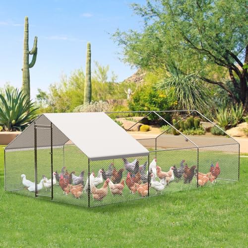 GarveeTech Large Walk-in Chicken Coop with Run, 9.8' x 19.7' Outdoor Chicken Runs for Yard with Cover, Metal Poultry Cage for Chickens, Ducks, Birds