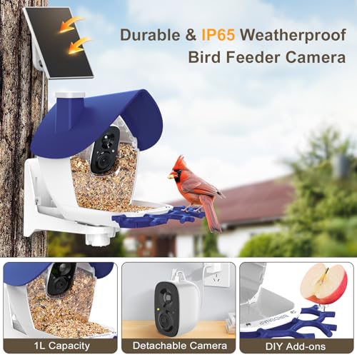 Smart Bird Feeder with Camera Solar Powered 2K HD Live Video with 32GB Card | AI Identifies 10,000+ Bird Species, Instant Alerts, IP65 Waterproof, Easy Setup, Bird Watching Gift for Bird Lovers - color: Blue