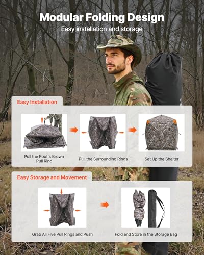 VEVOR Hunting Blind，See Through Ground Blinds with Carrying Bag, 360 Degree Portable Camouflage Tent，Durable Concealed Shelter with Silent Side Door and Window, for Turkey and Deer - size: Horizontal Windows-55.5 x 55.5 x 66.9"