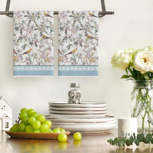 Artoid Mode Blue Retro Floral Bird Kitchen Towels Dish Towels, 18x26 Inch Farmhouse Spring Decoration Cleaning Set of 2