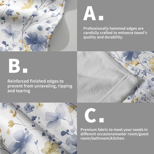 Blue Floral Hand Towels 14x28 Inch Grey Yellow Watercolor Flower Absorbent Microfiber Soft Dish Washing Cloth Face Tea Towel for Home Hotel Gym Laundry Room Kitchen Bathroom Decor - color: Blue Yellow Flowers