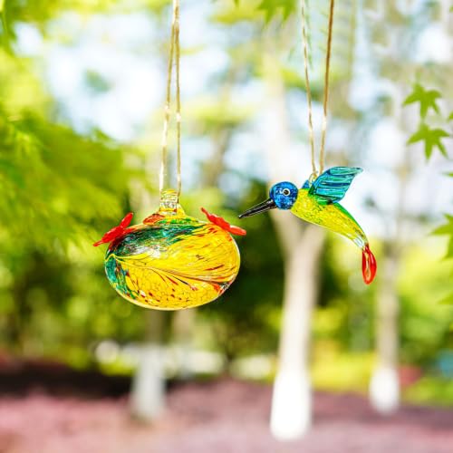 3inch Hand Blown Glass Hummingbird Feeders for Outdoors Garden Patio | 2 Flower-shaped Feeding Ports, Leak Proof, Easy to Hang on Tree Branches Eaves - color: D