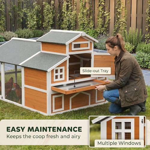 PawHut 79" L Chicken Coop for 6 Chickens with Run 2 Nesting Boxes Orange | Outdoor Wooden Hen House Poultry Cage, Slide-Out Tray, Sliding Rod Door, Roosting Bar, Waterproof Asphalt Roof