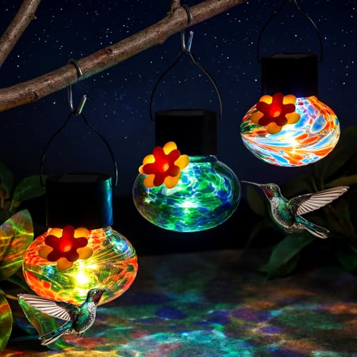 Nuogo 3 Pcs 3.54 Inch Blown Glass Hummingbird Feeders Solar Powered Hummingbird Feeder with LED Light for Garden Outdoors Window Decor Valentine Hanging Gifts Ant and Bee Resistant(Stylish Colors) - color: Color B, style: Classic