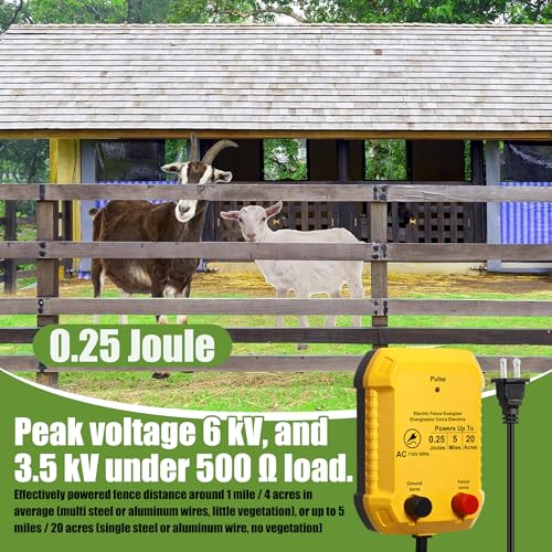 Electric Wire Fence Kit, 5 Mile 110VAC 0.25 J Plug in Fence Charger with 3366 FT Polywire, 40 T Post Insulators, 20 Screw in Insulators for Pasture Farm Horse Cattle Poultry Fencing - size: 3366FT, style: 0.25J