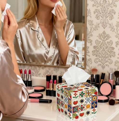 Mediterranean Colorful Pattern Tissue Box Holder, PU Leather Holder with Spanish Artistic Pattern for Living Room/Bathroom/Bedroom/Kitchen Decoration, Gift for Style Focused Homeowners. - color: White Decoration Theme-02