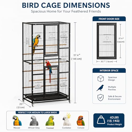 57.4" Extra Large Bird Cage for Parrots, Flight Cage with Rolling Stand, 6 Perches, Feeding Cups, Removable Tray & Play Accessories, Metal Aviary Cage for Parakeets, Macaws, Cockatoos(Black)