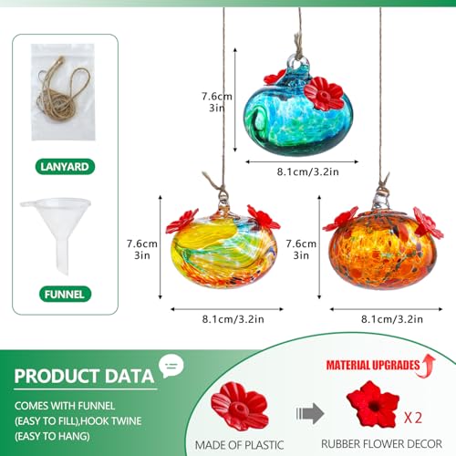 Set 3 Glass Hummingbird Feeders for Outdoors with 2 Flower Feeding Ports | Safe Lead-Free Glass, Non-Toxic for Hummingbirds, Bee & Ant Repellent Design, Guard Nectar Well - color: Color-A