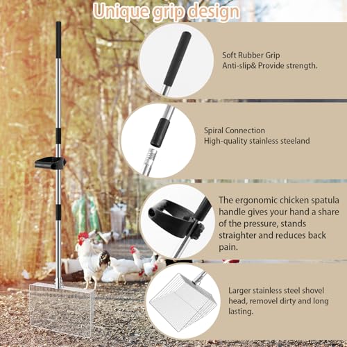 Chicken Poop Scooper with Ergonomic Grip | 15-inch Large Sifting Head, Adjustable Length 24 to 70", Stainless Steel, for Chicken Coop/Goat Stall/Stable Cleaning