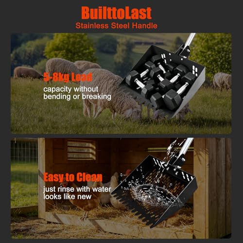 12inch Width Heavy Duty 2-in-1 Chicken Poop Scooper & Rake, Stainless Steel Chicken Coop Litter Sifting Shovel with Ergonomic Grip & Adjustable Angle, Sand Scoop for Coop, 37-54 Inch (12inch)