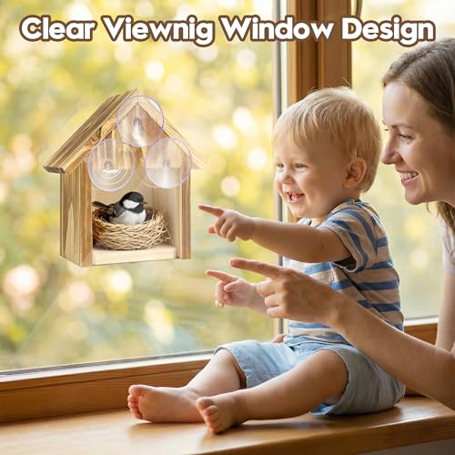UUMENHA Window Birdhouse for Viewing Inside with 3 Strong Suction Cups, Clear See-Through Wooden Bird Houses for Outside, Weather-Resistant Outdoor Nesting Box, Suitable for Bluebird Finch Chickadee