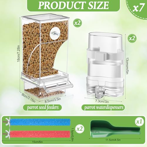 Novabright 7 Pcs No Mess Bird Feeder Water Dispenser Set Include Automatic Parakeet Feeder and Drinker with Bird Paw Grinding Stick Cage Accessories for Small Medium Cockatiel Lovebird(Classic,Clear) - color: Clear, style: Classic