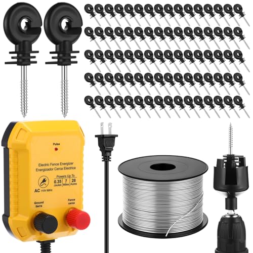 Electric Fence Charger Set 7 Mile 110VAC 0.35 Joule Electric Plug in Fence to Contain Chickens Pet Poultry 80 Black Insulator and 1 Socket Tool 985ft Aluminum Wire for Garden Pond Protection - style: 0.35 Joule