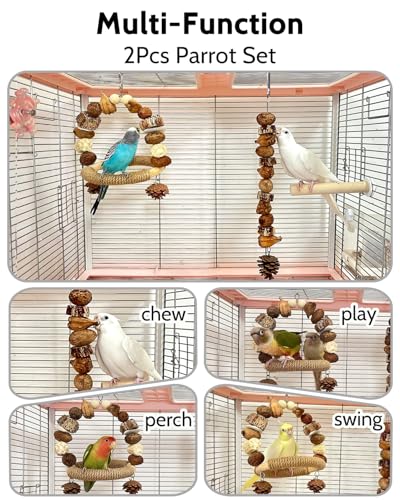 2Pcs Bird Chew Toys, Wood Sisal Swing Toy for Claw & Beak Care | Wooden Parrot Swing Wrapped With Sisal Supports Claw Grinding & Beak Trimming, Multi-Play Design for Budgie Conure Keeps Busy