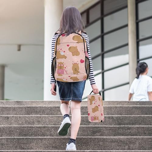 Lovely Capybara Backpack with Lunch Bag, School Backpack for Teens Boys Girls Kids Travel Backpacks Set - color: Red