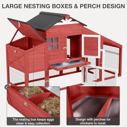 Chicken Coop with Wheels Wooden Outdoor Chicken House Easy Cleaning with Nesting Box, Deeper Leakproof Pull-Out Tray and UV Proof Panel Roof - Reinforced Version - Red
