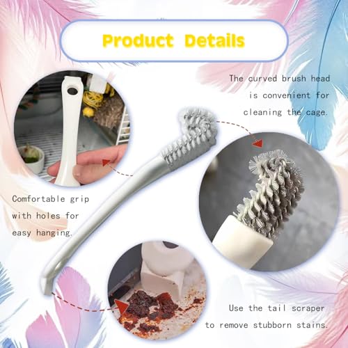 2-in-1 Bird Cage Cleaning Brush & Poop Remover with Long Handle – Scraper, Curved Brush for Parrot Cages, Kennels, and Perches – Rust-Resistant Pet Habitat Cleaning Tool (2 Pcs) (Grey+White)