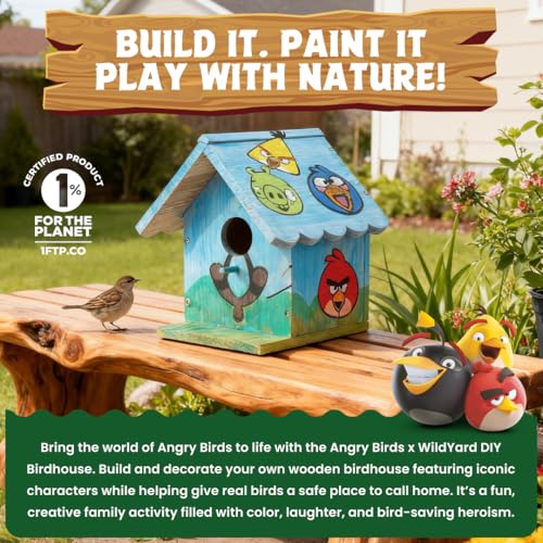 Angry Birds x WildYard DIY Birdhouse Kit - Cedar, Paint Your Own | Build and paint a cedar birdhouse for kids and adults, includes paint set and stencils for backyard birds.