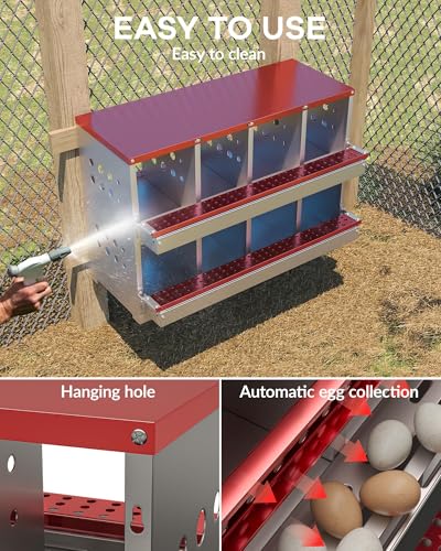 Chicken Nesting Box, 8 Compartment Metal Nesting Box, Wall Mountable Nesting Boxes with Swing Perch and Roll Away Egg Collection, Vented Holes, 8 Training Eggs Included, Red - color: Red