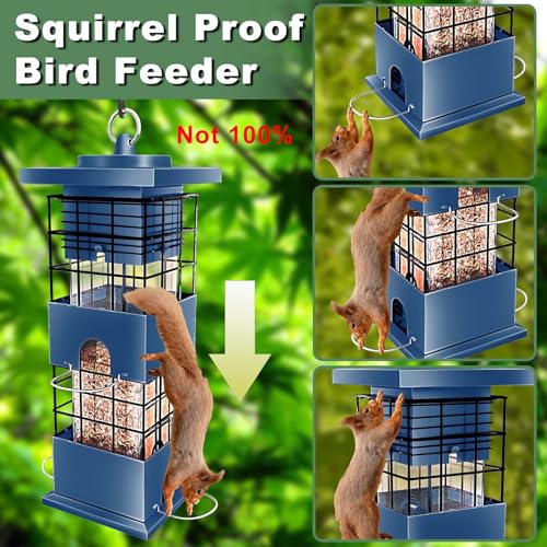 Squirrel Proof Bird Feeder,3.5Lbs Metal,4 Hanging Ports for Cardinal Finch | Weight-Activated Shutoff Blocks Squirrels & Pigeons.Chew-Proof Build For All Weather.Large Capacity,Fast Refilling & Cleaning - color: Blue