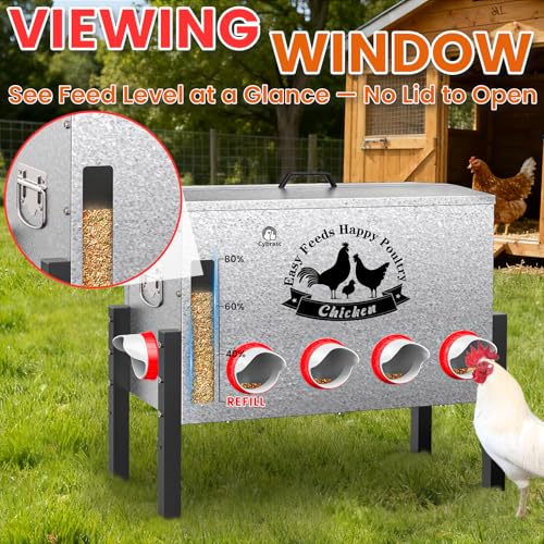 16-Gal Metal Automatic Chicken Feeder with 10 Feeding Ports | 88LB Capacity, Anti-Waste Design, Rust-Proof Alloy Steel, Clear Viewing Window, 3-Level Legs for Outdoor Chicken Coops - size: 16GAL-88LB