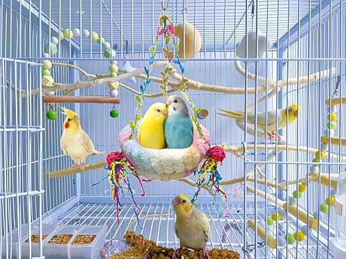 Bird Nest for Cage Bird Breeding Bed Cockatiel Snuggle Nest Parakeet Swing Bed Bird Hanging Hammock Parrot Sleeping Hut for Conure, Budgie, Lovebird, Finch, Small Pets-Pink, Large Size - color: Pink with Decoration