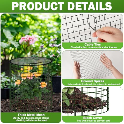 Plant Protector from Animals with Detachable Covers - 4 Pack 16”x 16" Wire Cage Cloches with Ground Stakes and Tools for Protecting Vegetable, Flower, Seedling