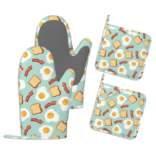 Heat Resistant Pot Holders and Oven Mitts,Funny Poached Eggs Extra Long Kitchen Oven Mitt Set,Cute Bread Cotton Lining Anti-Slip Waterproof Kitchen Mittens Hot Pan Holder for Baking Cooking Grilling - color: Funny Poached Eggs