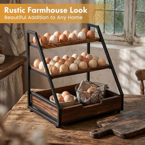 Reallnaive 3-Tier Wooden Egg Holder Countertop with Basket, Fits 36+90 Eggs, Wood Egg Collecting Rack with Carry Handle for Home Kitchen Chicken Duck Quail Eggs Storage Organizer