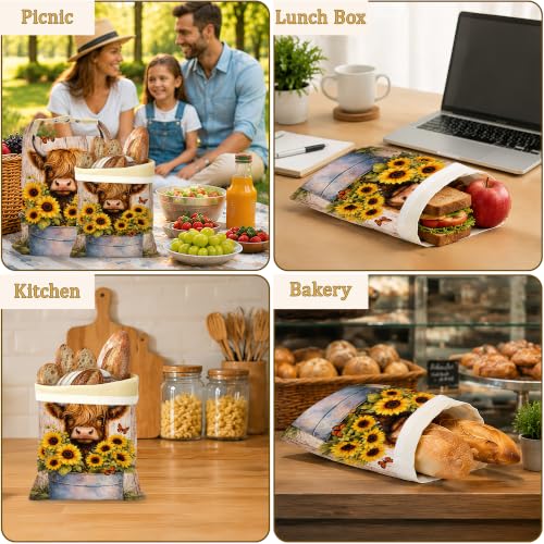 2 Pack Beeswax Highland Cow Bread Bags for Sourdough, Reusable Linen Sunflowers Butterfly Bread Bag 17x13'' Food Storage Cloth Bag Freezer-Friendly & Freshness Preservation - color: Highland Cow