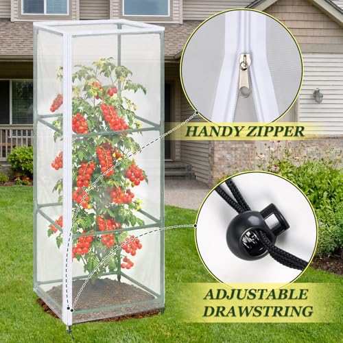3PCS Garden Bird Netting for Square Tomato Cage with Zipper & Drawstring | 59 x 17.7 Inch Reusable Fine Mesh Plant Covers for Tomatoes, Fruits and Climbing Vines - size: 17.7x17.7x59in