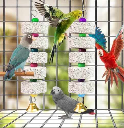 2Pcs Bird Beak Grinding Stone, Mineral Block for Birds, Chewing Toy | Easy Hanging African Grey Toys with Bells, Lava Block Calcium Supplement Food for S/M Birds Cockatiel Hamster Chinchilla
