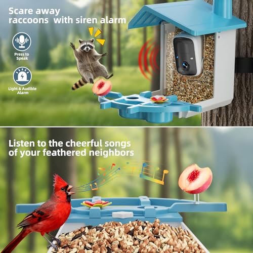 Bird Feeder with Camera for Outdoor, INKCKU 2K Solar Powered Bird Watching Camera, AI Identify Birds Species, Auto Capture Videos, Instant Arrival Alerts, Garden Decor, Gift for Mom Dad, Blue