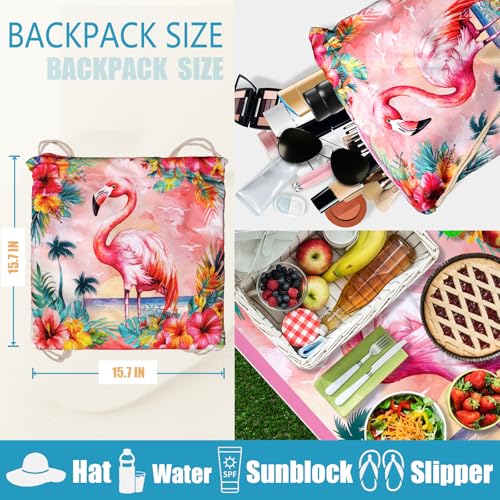 Summer Pink Beach Towel Backpack Bird Printed Drawstring Bag for Women Holiday Travel Picnic - color: Lovely Pink Bird