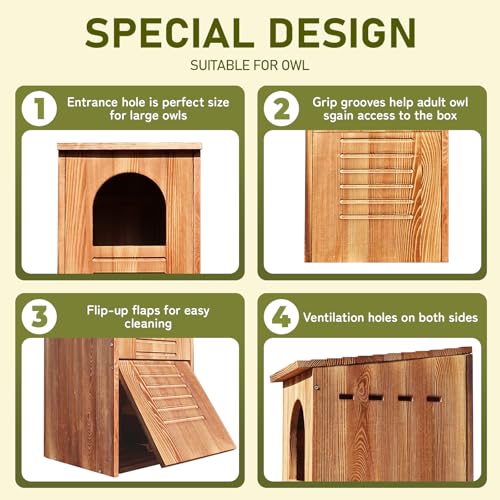 Barred Owl House, 25" Extra Large Owl Bird Box Handmade | Wooden Circular Opening for Outside with Mounting Screws and A Bag of Wood Shavings, Easy Assembly Required - color: brown, size: 14"x24.8"