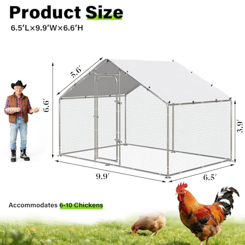LEMBERI Metal Chicken Coop Spire Roof Walk in Chicken Run Pen for 6 Chickens, Galvanized Rabbits Duck Poultry Cage with Waterproof Cover for Outdoor,Backyard and Farm - size: 78.0"L x 118.1"W x 76.8"H