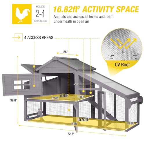 Aivituvin Mobile Chicken Coop with Wheels for 2-4 Chickens, Backyard Expandable Chicken House Duck Cage with Run, 2 Nesting Boxes, Easy Clean Pull-Out Tray, Leak-Resistant Asphalt Roof, 72.3"(Grey) - color: Grey, size: 72.3"L x 26.0"W x 39.4"H